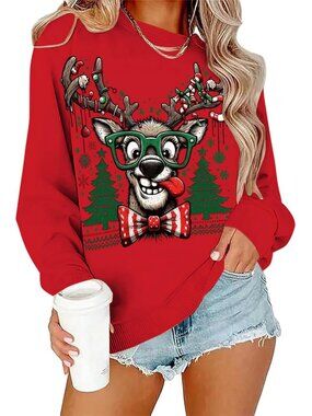 Funny Oversized Ugly Christmas Sweater for Women | Reindeer Graphic Sweatshirt